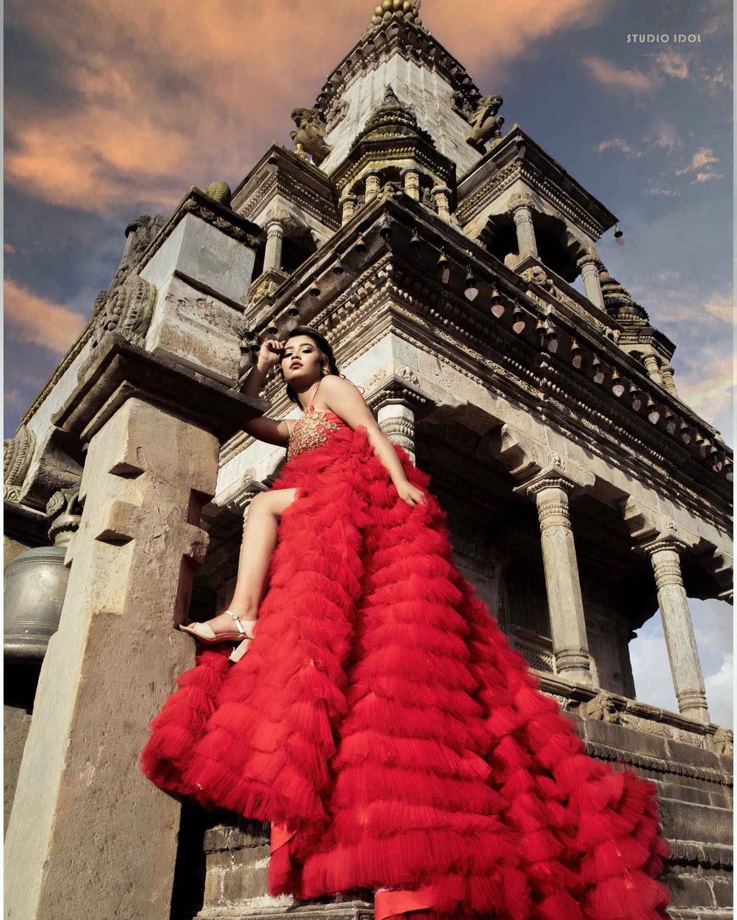Sandhya in temple setting, cultural glamour photoshoot